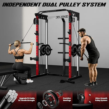 C21 Power Cage, 2000LBS Multi-Function Power Rack with Independent Dual Pulley System, All-in-One Squat Rack for Cable Crossover, Home Gym Workout Machine