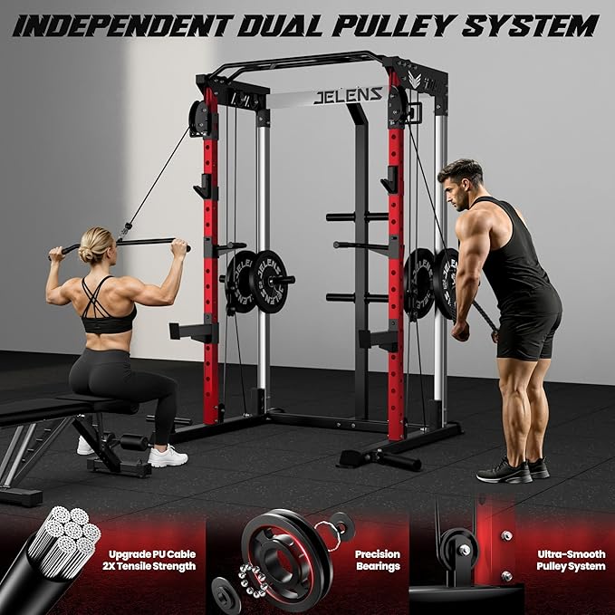 C21 Power Cage, 2000LBS Multi-Function Power Rack with Independent Dual Pulley System, All-in-One Squat Rack for Cable Crossover, Home Gym Workout Machine