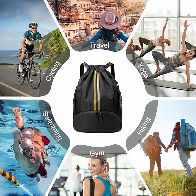 Hoedia Sports Drawstring Backpack - String Swim Gym Bag with Shoes Compartment and Wet Proof Pocket for Women&Men, Black Gold
