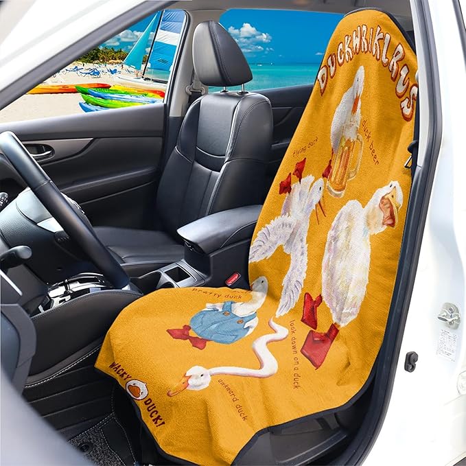 Duck and Beer Pattern Car Seat Cover Front Set (2-Piece) - Hand-Painted Funny Design, Universal Fit for Most Sedans and SUVs, Sweat Absorbent Towel Base Protector, Machine Washable