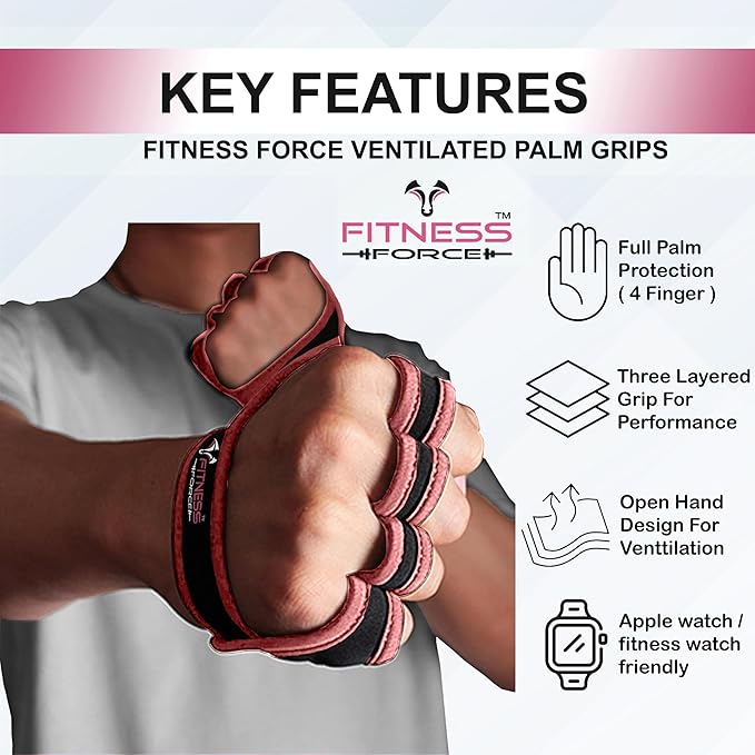 FITNESS FORCE Workout Gloves for Men & Women Partial Weight Lifting Gloves Non-Slip Gym Grip for Weight Lifting Calluses Guard Fingerless Exercise Gloves with Full Palm Protection
