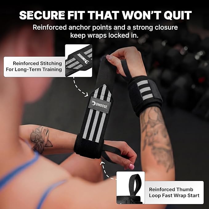 DMoose Fitness Wrist Wraps for Weightlifting 18" - Heavy Duty Gym Wrap with Hand Thumb Loop for Support & Pain Relief, USPA Approved Powerlifting, Weight Lifting Wrist Straps for Men & Women Work Out