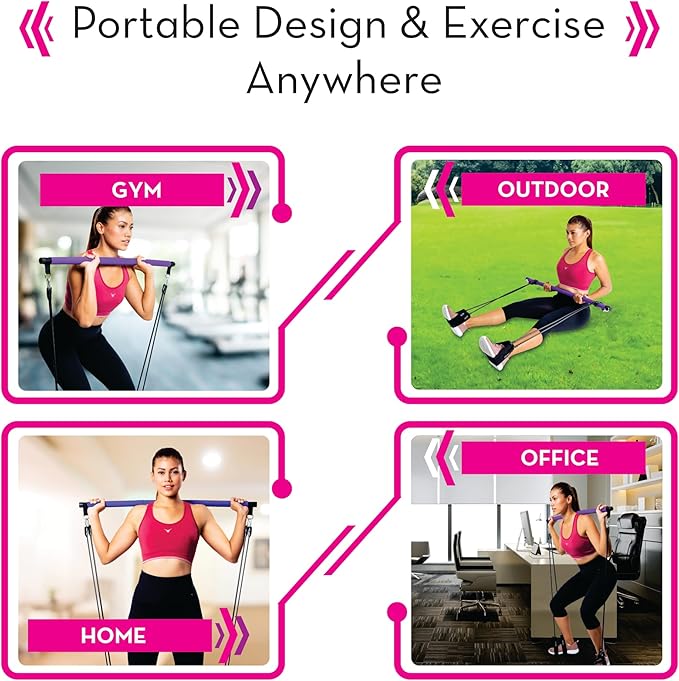 Pilates Bar Kit with Resistance Bands (Up to 100lbs) - Portable Home Gym Equipment for Squats, Yoga, and Full Body Toning - 3-Section Steel Bar + Fabric Booty Band