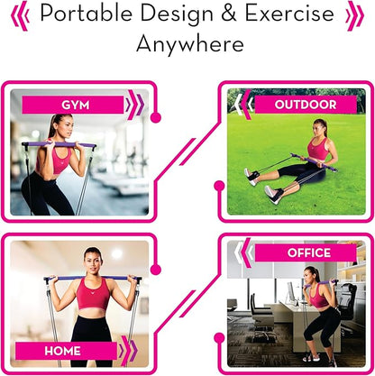 Pilates Bar Kit with Resistance Bands (Up to 100lbs) - Portable Home Gym Equipment for Squats, Yoga, and Full Body Toning - 3-Section Steel Bar + Fabric Booty Band