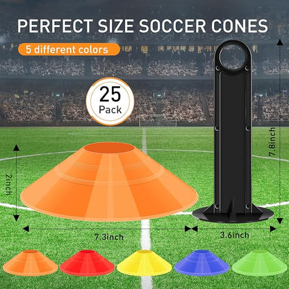 25 Pack Soccer Training Cones, Agility Disc Sports Cones with Carry Bag and Holder, Plastic Football Cones for Drills, Sports Training, Basketball, Coaching, Practice Equipment, 5 Color