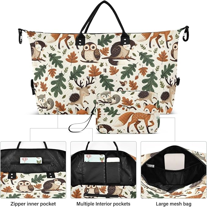 Weekender Bags Travel Duffel Gym Bag Carry on Overnight Tote Bag with Toiletry Bag for Airplane Travel Trip Gym Yoga (Woodland Forest Animals Fox)