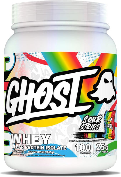 GHOST Clear Whey Isolate Protein Powder, Sour Strips - 1.54 LB Tub, 25G of Whey Protein - Post Workout Drink for Muscle Gain & Recovery – Sugar Free, Soy Free & Zero Fat, 20 Servings