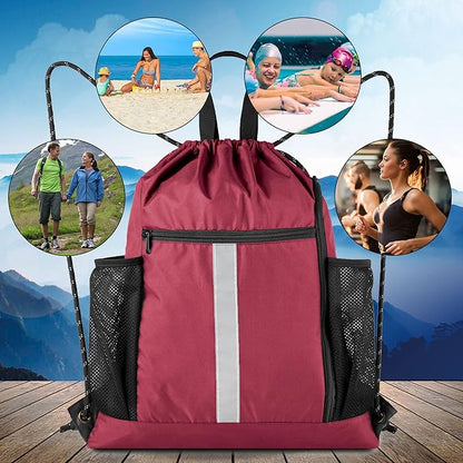 BeeGreen Gym Sack Drawstring Bag Sports String Backpack with Shoe Compartment and Two Water Bottle Holder for Unisex Men Women Heavy Duty Cinch Sackpack