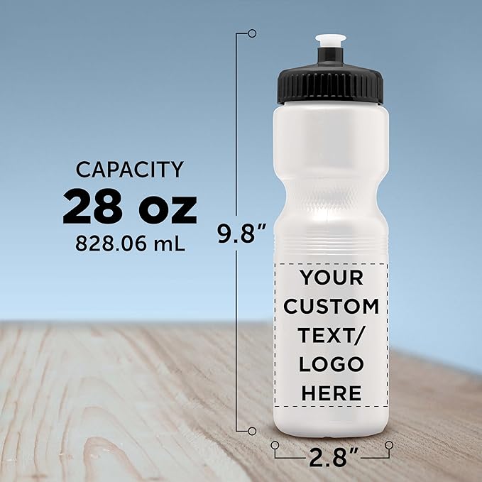 DISCOUNT PROMOS 28 oz. Custom Push Cap Plastic Water Bottles Set of 10/50/100, Personalized Bulk Pack - Perfect for Gym, Hiking, Camping, Outdoor Sports - White