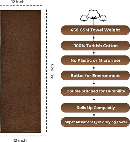 NUKURA 12” x 40” Gym Sweat Towel, 450 GSM, 100% Cotton, High Absorbency, Extra Soft & Quick Dry Workout, Yoga & Fitness Towel – Chocolate Brown
