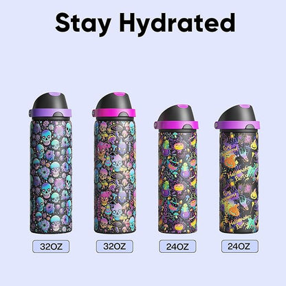 Insulated Water Bottle with Straw - Encool Stainless Steel Water Bottle with Push Button Lid, Leak-Proof & BPA-Free, Keeps Cold for 24 Hours for Sports, Travel, Gym (24 oz, Trippy Skulls)