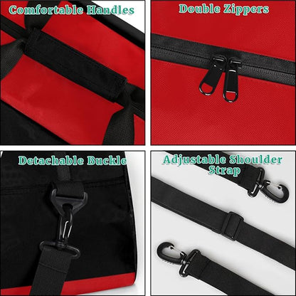 Sports Duffel Bags, Gym Black Red Soccer Net Weekender Overnight Sleepover Bag Waterproof Training Duffel Bag for Travel