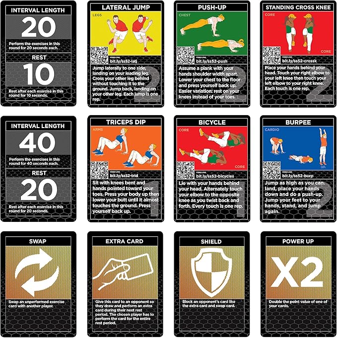 Stack 52 HIIT Interval Workout Game. Designed by Military Fitness Expert. Video Instructions Included. Bodyweight Exercises, No Equipment Needed. Fun and Motivating Training Program.