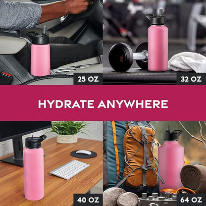 FineDine Triple Walled, Insulated Water Bottles with Straw - 25 Oz Stainless Steel Metal Bottle W/ 3 Leak Proof Lids - For Travel, School, Sports, Gym/Men, Women & Kids - Striking French Rose