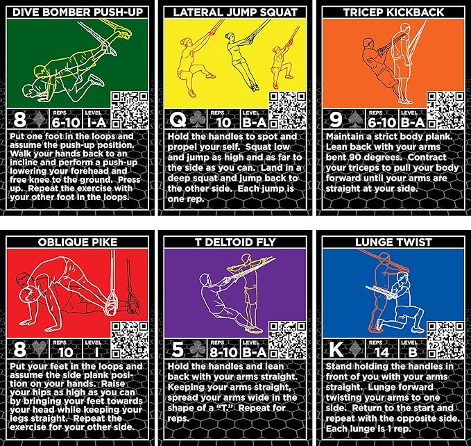 Stack 52 Suspension Exercise Cards TRI Pack. Compatible with All Suspension Trainers. Suspended Bodyweight Resistance Workout Game. Video Instructions Included. Fun at Home Fitness Training Program.