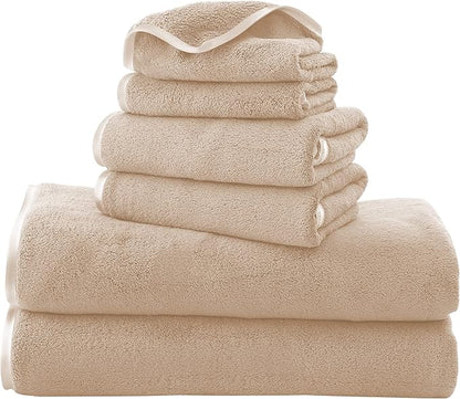 TENSTARS Luxury Silk Hemming Towel Set - Light Thin Quick Drying - 2 Bath Towels 2 Hand Towels 2 Washcloths - Ultra Soft Microfiber Towel for Bath Fitness, Sports, Yoga, Travel (Brown 6 Pieces)