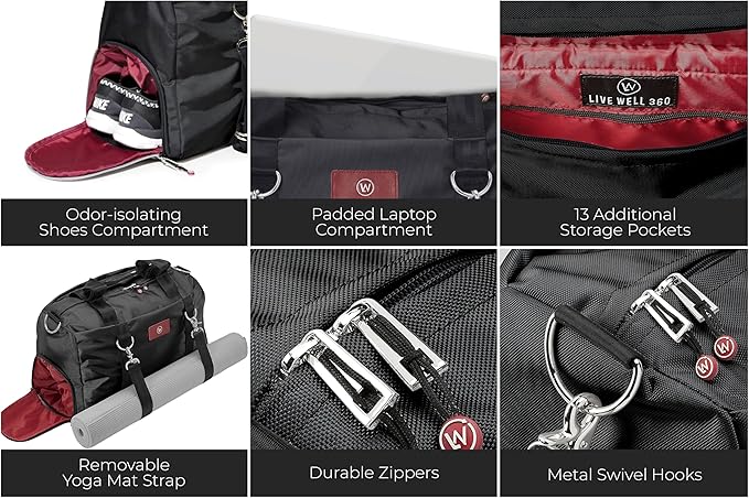 Live Well 360 Gym Duffel Bag for Men or Women – Bag with Shoe, Laptop & Wet Compartment - Perfect Sports or Workout Shoulder Bag with Multiple Compartments – CrossFit, Yoga, Boxing - THE LUXX