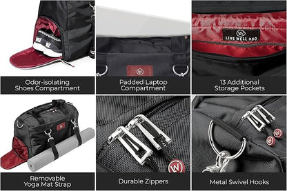 Live Well 360 Gym Duffel Bag for Men or Women – Bag with Shoe, Laptop & Wet Compartment - Perfect Sports or Workout Shoulder Bag with Multiple Compartments – CrossFit, Yoga, Boxing - THE LUXX