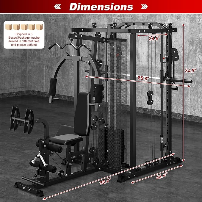 Multi-Functional Home Gym Workout Equipment, All-in-One Smith Machine w/150lbs Weight Stack&Cable Crossover, Leg Press, PEC Fly, LAT, Squat, Heavy Duty Full Body Training for Family, Black