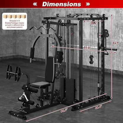 Multi-Functional Home Gym Workout Equipment, All-in-One Smith Machine w/150lbs Weight Stack&Cable Crossover, Leg Press, PEC Fly, LAT, Squat, Heavy Duty Full Body Training for Family, Black
