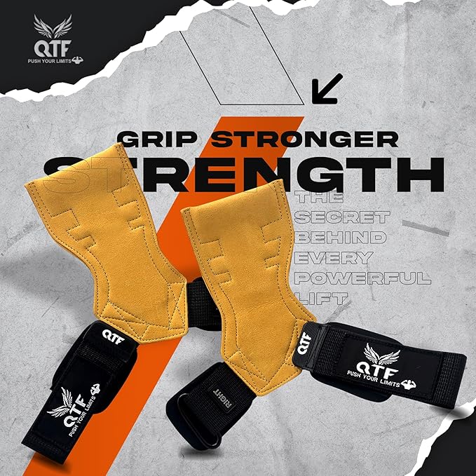 QTF Weight Lifting Grips (Pair) for Heavy Powerlifting, Wrist Straps for Deadlifts, Rows, Pull Ups, with Neoprene Padded Wrist Wraps Support and Strong Rubber Gloves or Straps for Bodybuilding.