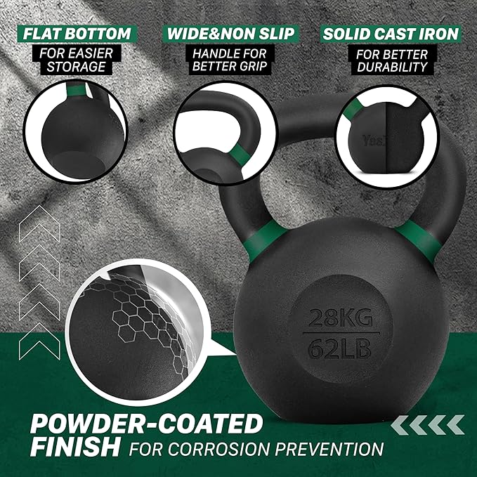 Yes4All Powder Coated Kettlebell, Cast Iron Core Kettlebells with Non-Slip Handle & Flat Bottom for Conditioning, Heavy Duty for Strength Training, 9lb to 71lb - Single & Pair