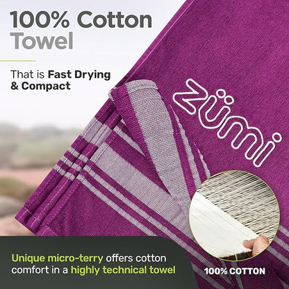 Zumi 100% Cotton Quick Dry Large Travel Towel - Soft, Thin, Compact, Highly Absorbent, Lightweight Camping Towel for Beach, Gym, Bath, Shower, Swimming, Pool, Dorm, RV - Purple
