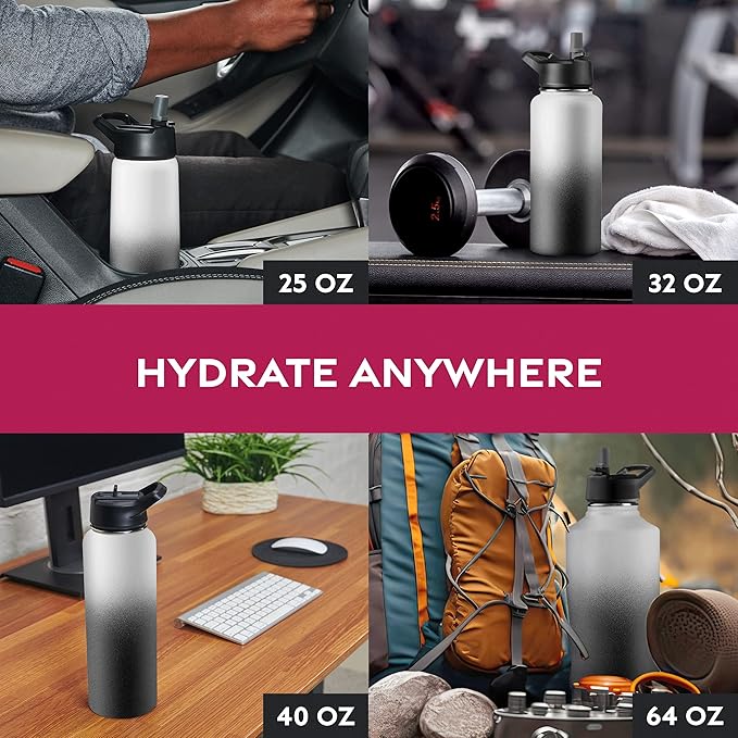 FineDine Triple Walled, Insulated Water Bottles with Straw - 32 Oz Stainless Steel Metal Bottle W/ 3 Leak Proof Lids - For Travel, School, Sports, Gym/Men, Women & Kids - Dreamy Black-White