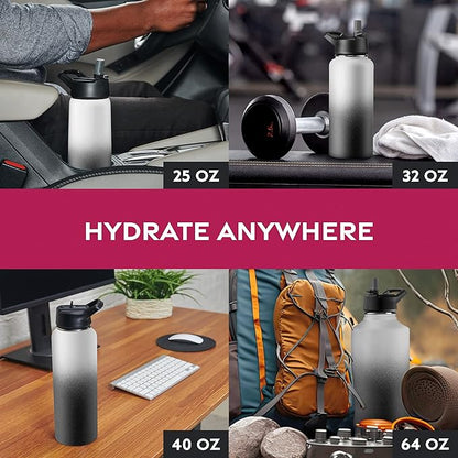 FineDine Triple Walled, Insulated Water Bottles with Straw - 32 Oz Stainless Steel Metal Bottle W/ 3 Leak Proof Lids - For Travel, School, Sports, Gym/Men, Women & Kids - Dreamy Black-White