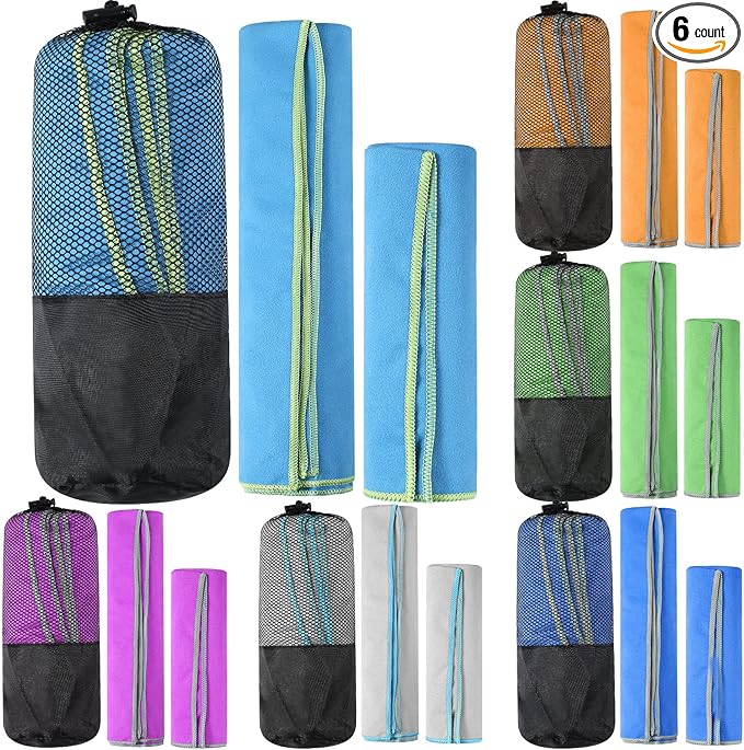 Oudain 6 Set Quick Dry Towel 12 Pack Fast Drying Towels 2 Size Microfiber Travel Towels Absorbent Compact Dry Towel for Camping Hiking Swim Beach Gym Yoga with Mesh Bag