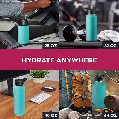 FineDine Water Bottle - Stainless Steel Insulated Water Bottle with Straw Lid, Flip Lid & Wide-Mouth Cap - Keeps Hot and Cold - 25 Oz / 739ml - Cheery Turquoise