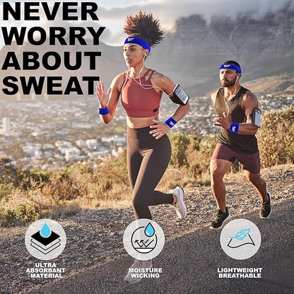 3pc Unisex Athletic Sweatband Set - 2.25in Workout Headband & 3.25in Wristbands w/Stay Dry Technology, Terry Cloth Band Moisture-Wicking Fabric | Quality Fitness Accessories for Active Comfort-Reebok