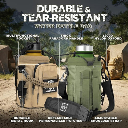 NATURE PIONEOR 64 oz Tactical Water Bottle Set, Stainless Steel Half Gallon Insulated Water Bottle with Tactical MOLLE Bottle Carrier Sleeve, for Outdoor Work, Gym, Hiking, Camping