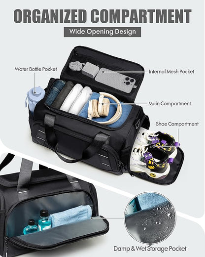 Small Gym Bag for Men, Travel Duffle Bag with Shoe Compartment, 16L Carry On Weekender Duffel Bag for Sports, Workout and Travel, Black
