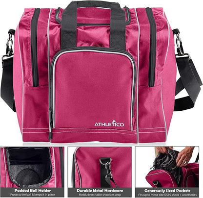 Athletico Bowling Bag for Single Ball - Single Ball Tote Bag With Padded Ball Holder - Fits a Single Pair of Bowling Shoes Up to Mens Size 14