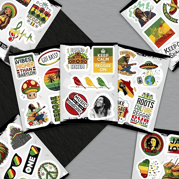 100Pcs Reggae Stickers and Decals for Adults for Water Bottle & Laptops - Rasta Stickers, Jamaica Band Decals - Bob the King of Reggae Gifts for Men & Women
