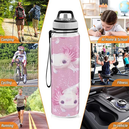 Burbuja Kawaii Axolotl 32 oz Water Bottle with Straw Lid, Leakproof & BPA Free Tritan Bottle for Gym Fitness Outdoor Sports