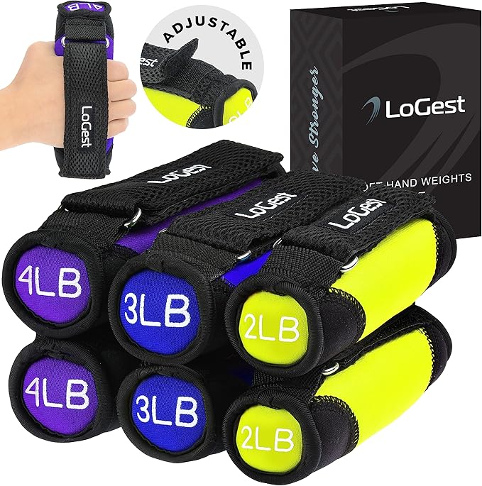 Logest Soft Hand Weights - Adjustable Neoprene Dumbbells (1LB, 2LB, 3LB, 4LB) - Red, Yellow, Blue, Purple - Velcro Straps - Weight Training, Walking, Jogging, Aerobics, Yoga