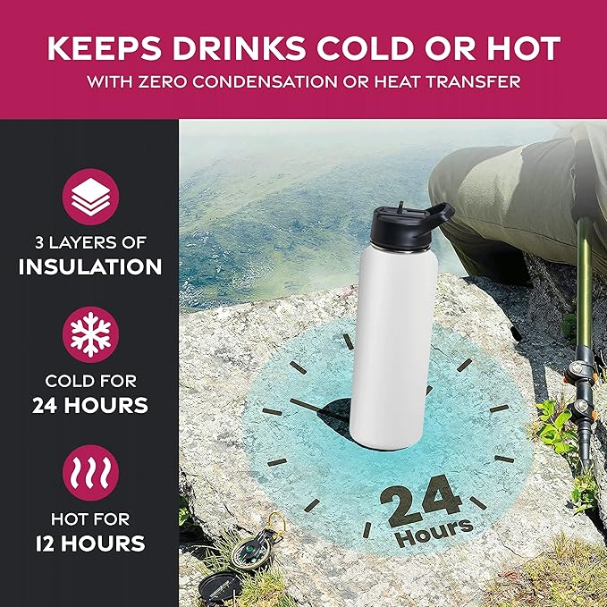 FineDine Triple Walled, Insulated Water Bottles with Straw - 40 Oz Stainless Steel Metal Bottle W/ 3 Leak Proof Lids - For Travel, School, Sports, Gym/Men, Women & Kids - Pure Pearly White