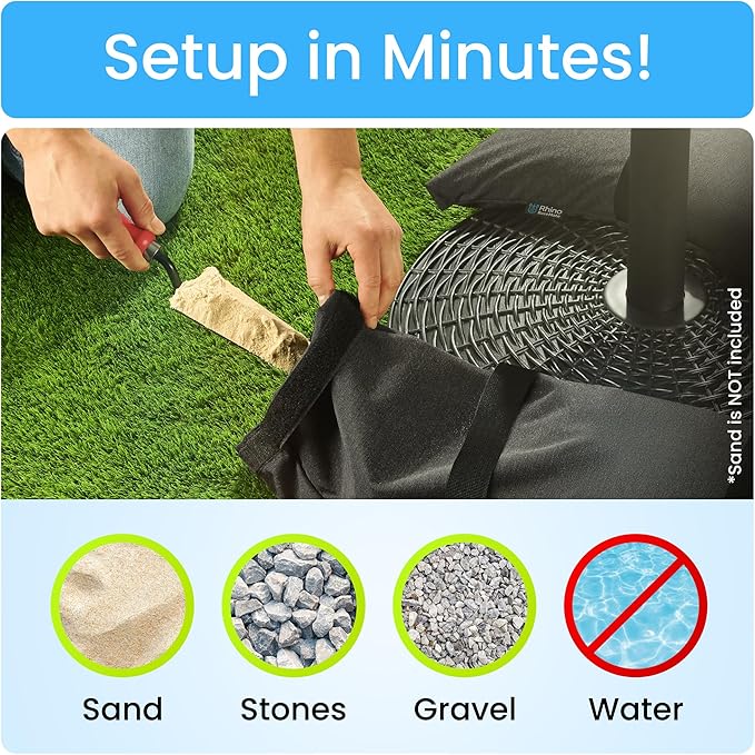 Rhino BaseMate Umbrella Base Weights 8-Pack – Fillable Sand Bags for Umbrella Base & Patio Stand | Durable Weatherproof Sandbag Weights for Outdoor Umbrellas, Arched Design, Holds Up to 49 lbs Each