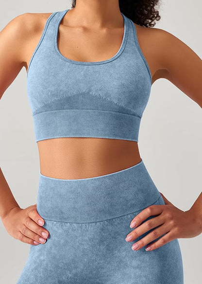 OLCHEE Womens Workout Sets 2 Piece - Acid Wash Seamless Yoga Outfits High Waist Leggings Padded Racerback Sports Bra Gym Set