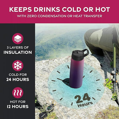 FineDine Water Bottle - Stainless Steel Insulated Water Bottle with Straw Lid, Flip Lid & Wide-Mouth Cap - Keeps Hot and Cold - 25 Oz / 739ml - Dreamy Purple