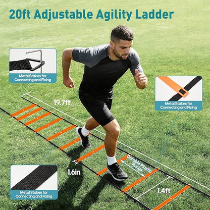 OLIXIS Soccer Agility Training Equipment Set- 20 ft Speed Ladder, 12 Soccer Cones, 4 Agility Hurdles, Jump Rope, Resistance Parachute Speed Training Equipment for Kids, Youth, Adults