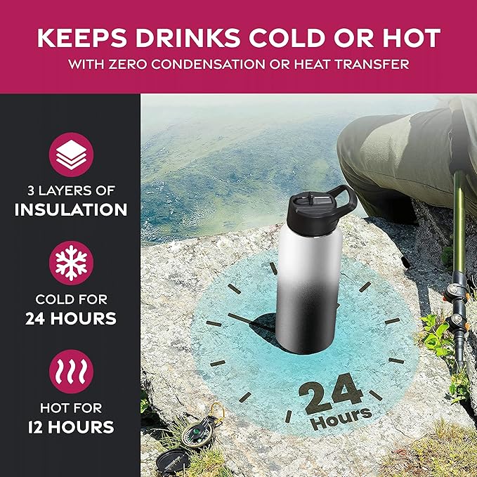 FineDine Triple Walled, Insulated Water Bottles with Straw - 32 Oz Stainless Steel Metal Bottle W/ 3 Leak Proof Lids - For Travel, School, Sports, Gym/Men, Women & Kids - Dreamy Black-White