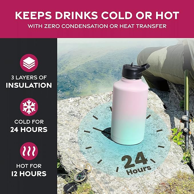 FineDine Water Bottle - Stainless Steel Insulated Water Bottle with Straw Lid, Flip Lid & Wide-Mouth Cap - Keeps Hot and Cold - 64 Oz / 1.89L - Majestic Sapphire