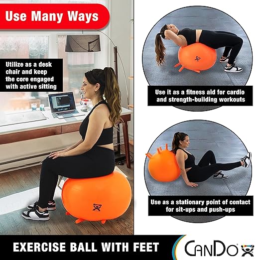 CanDo 30-1892 Non-Slip Inflatable Exercise Ball with Stability Feet Exercise, Workout, Core Training, Stability, Yoga, Pilates, Balance Training Gym, Office, Home, Classroom. Orange, 22"