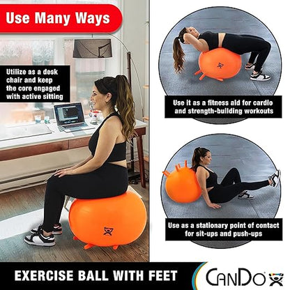 CanDo 30-1892 Non-Slip Inflatable Exercise Ball with Stability Feet Exercise, Workout, Core Training, Stability, Yoga, Pilates, Balance Training Gym, Office, Home, Classroom. Orange, 22"