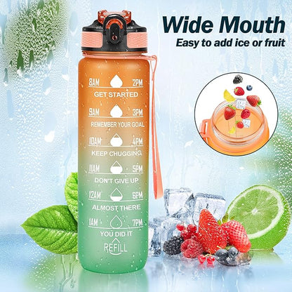 Motivational Water Bottle with Time Marker - 32oz, Leak-proof BPA Free Sports Water Bottles with Straw & Carrying Strap