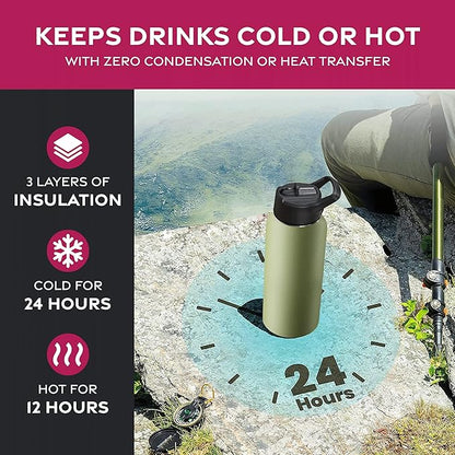 FineDine Water Bottle - Stainless Steel Insulated Water Bottle with Straw Lid, Flip Lid & Wide-Mouth Cap - Keeps Hot and Cold - 32 Oz / 946ml - Army Green