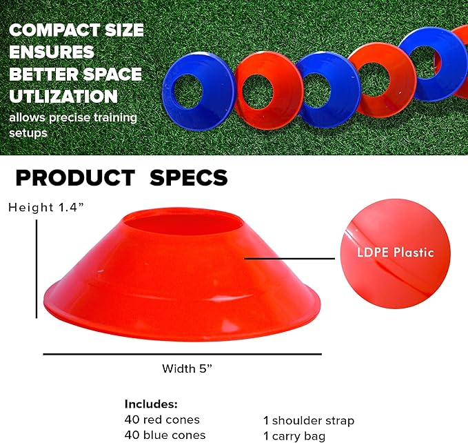 GSi Sports Training Cones for Agility Drills – Soccer & Basketball Multi-Sport Field Markers, Durable Flexible Cones in Multiple Shapes & Packs (20–80 Pack)